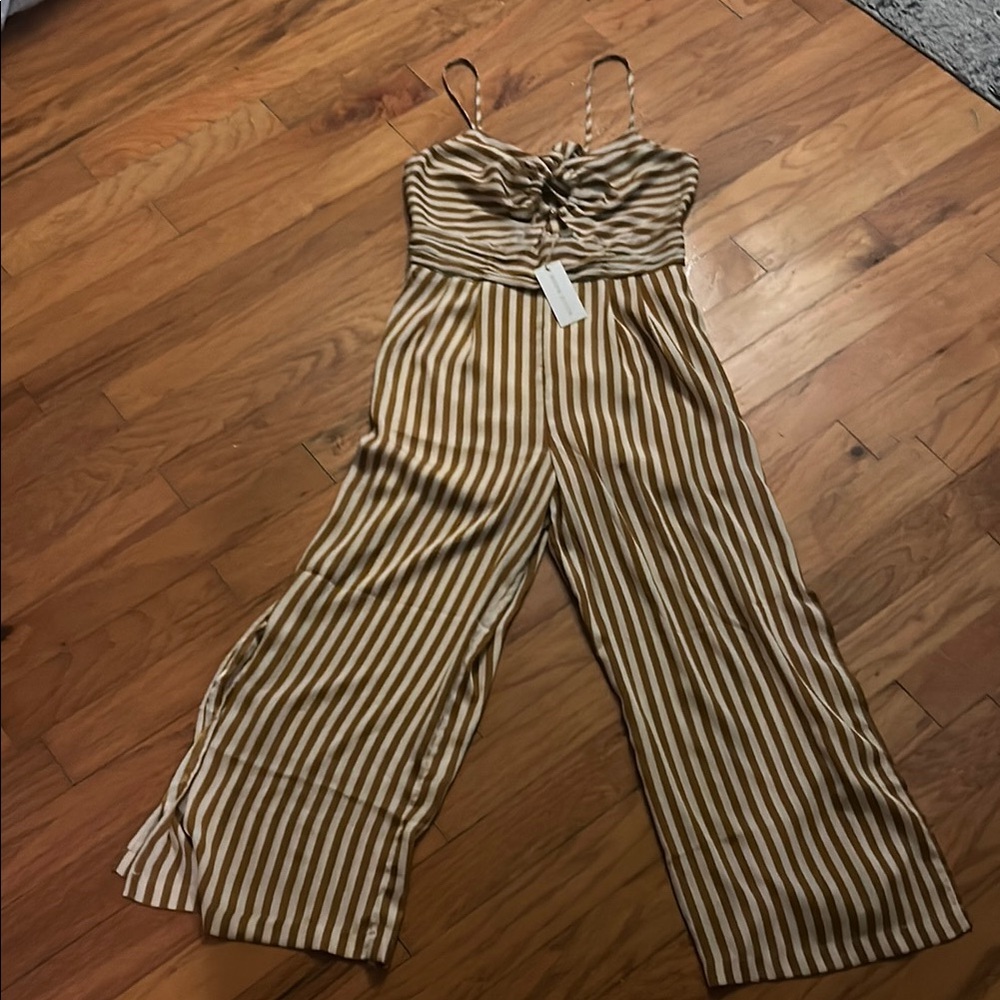 Moon River Tan and White Striped Jumpsuit with Wide-Leg Design